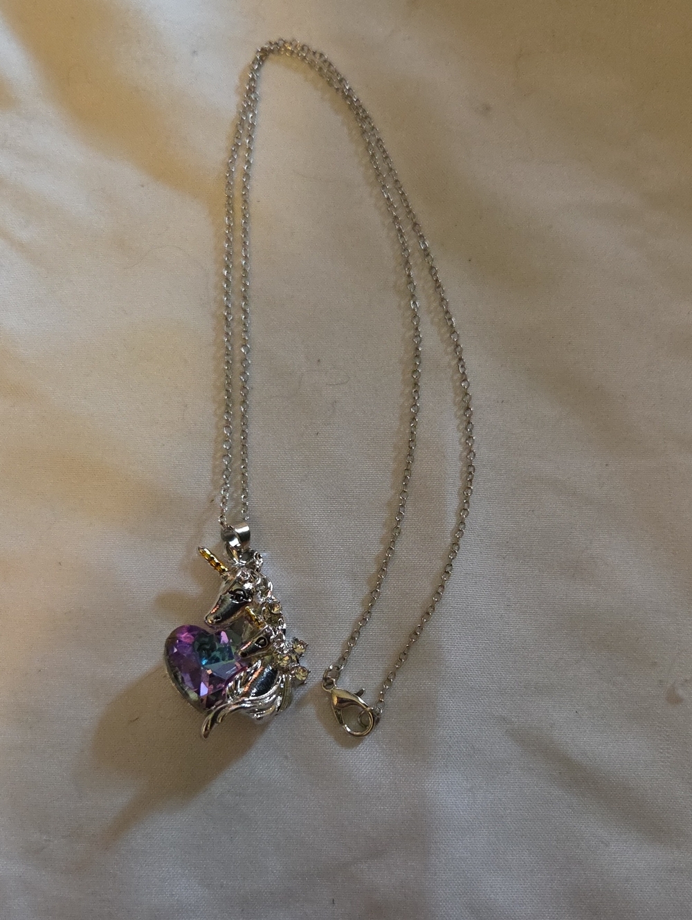 Silver Unicorn Pendant Necklace with Purple Heart Crystal